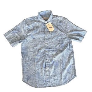 TOMMY BAHAMA Hawaiian SHIRT Size S MENS BLUE PALM ALOHA VACATION Weekend Tropics
